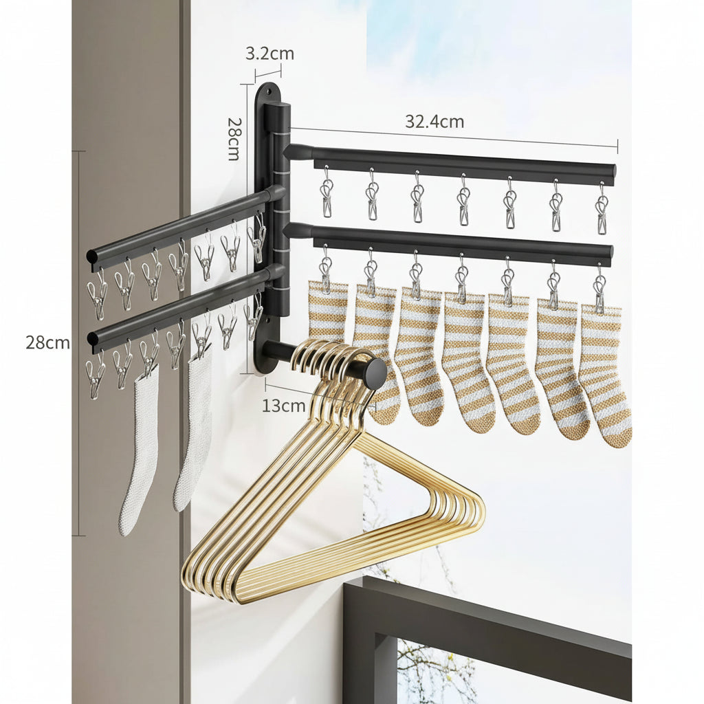 Étendoir à linge mural rabattable aluminium avec pinces