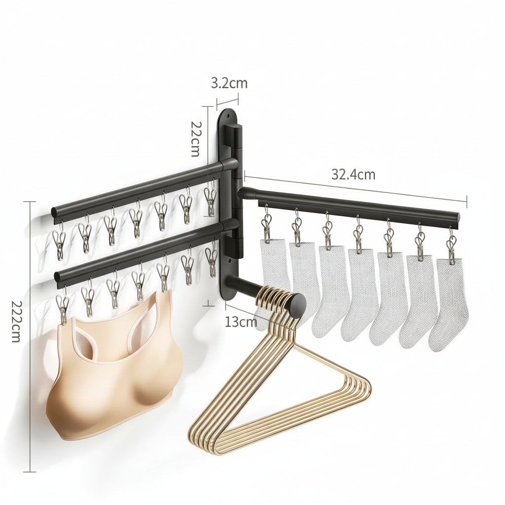 Étendoir à linge mural rabattable aluminium avec pinces