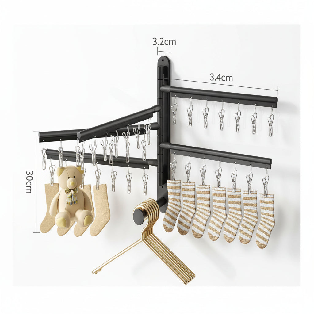 Étendoir à linge mural rabattable aluminium avec pinces