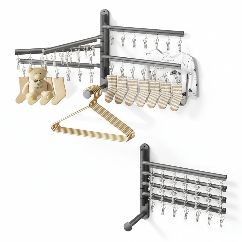 Étendoir à linge mural rabattable aluminium avec pinces