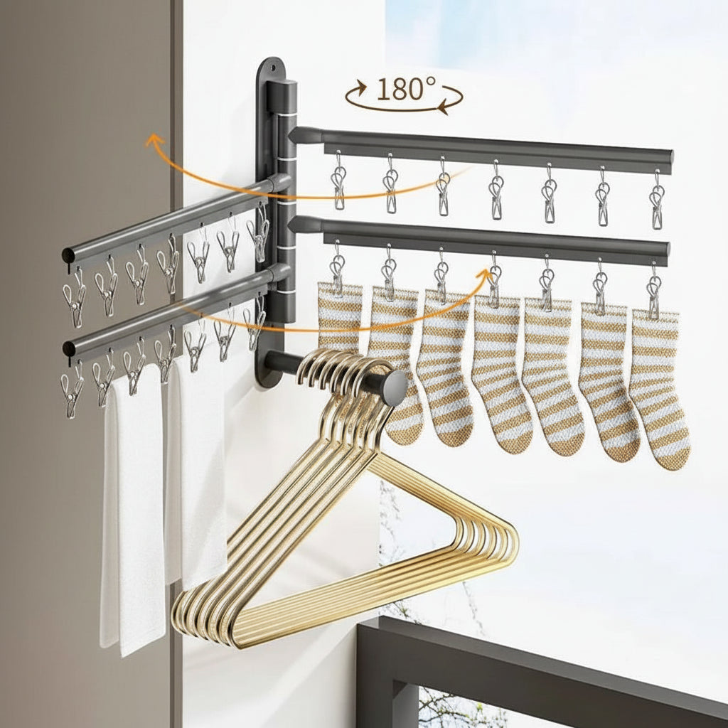 Étendoir à linge mural rabattable aluminium avec pinces