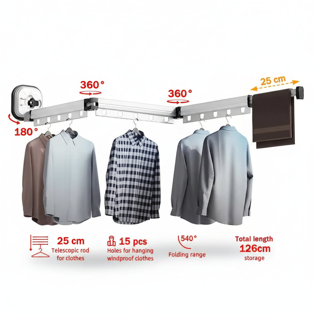 Étendoir à linge mural rétractable aluminium ventouse