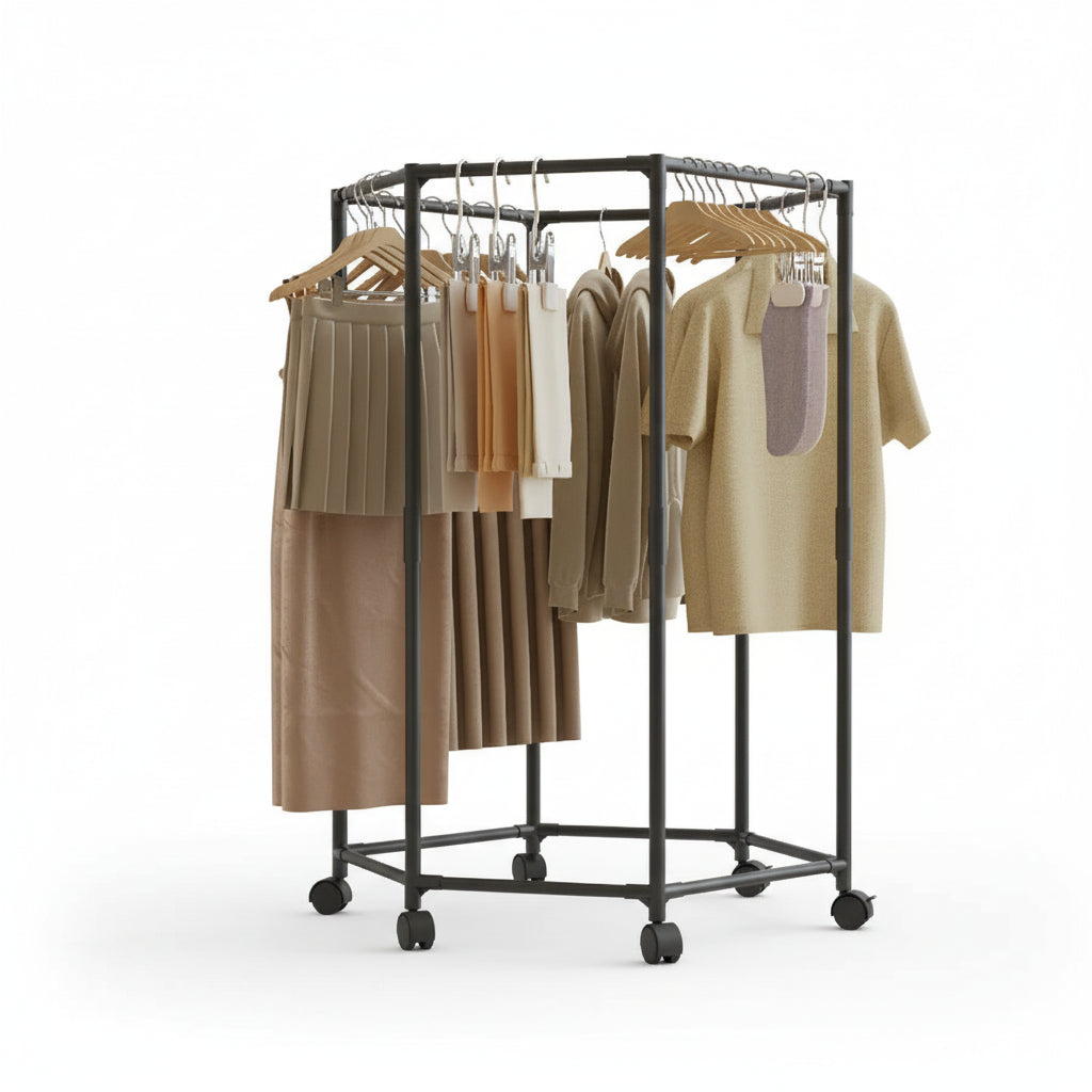 Étendoir à linge intérieur hexagonal rotatif à roulettes