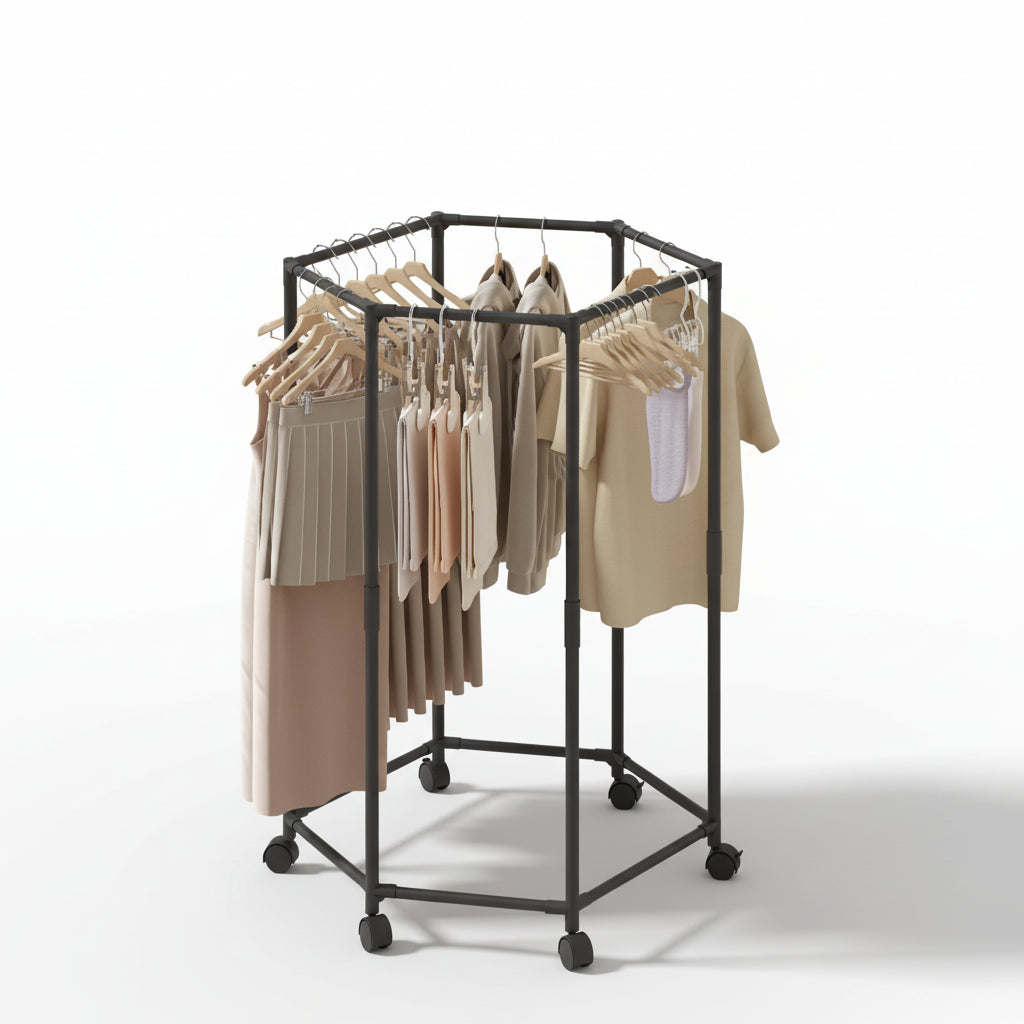 Étendoir à linge intérieur hexagonal rotatif à roulettes